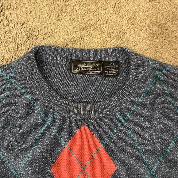 Vintage 90s Eddie Bauer Sweater Men’s M Argyle Knit Crewneck Blue Red Diamond - Picture 2 of 7